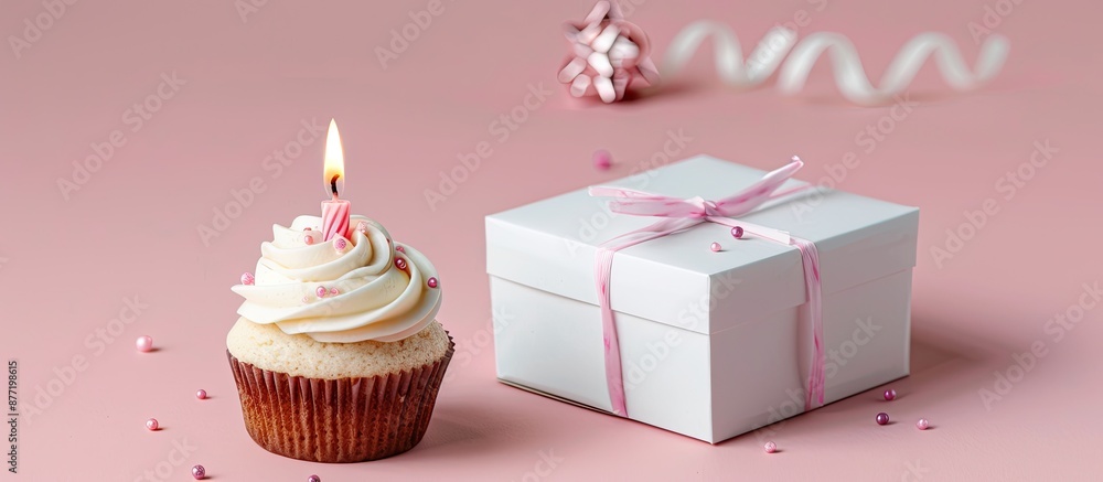 Poster a cupcake topped with a lit candle beside a white gift box against a pink backdrop creating a charmi