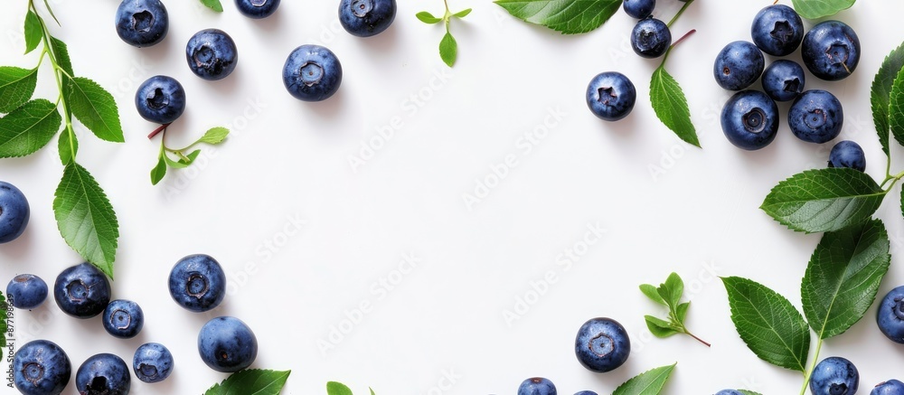 Poster a top down view of a frame made with fresh blueberries leaves and a white background with space for 