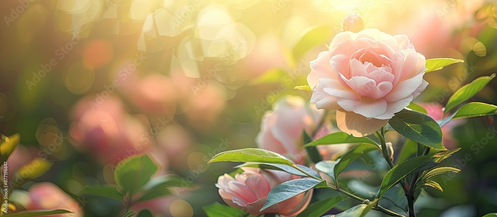 Poster a delicate flower blooming in a serene garden setting with copy space image