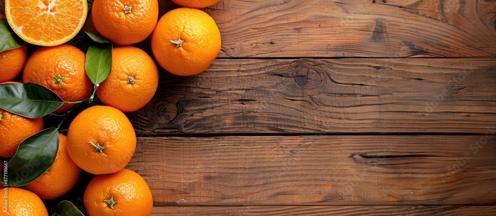 Fototapete top view of fresh oranges displayed on a wooden table with ample copy space image