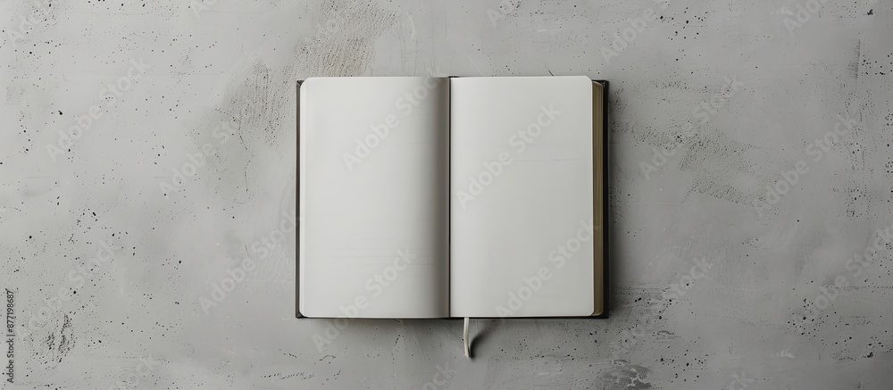 Poster Real photograph featuring a design concept with a top view of an open white notebook including a ribbon bookmark set against a grey background providing copy space image