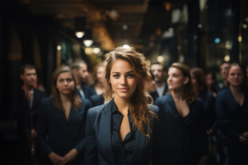 Young entrepreneurial woman in front of her work team. Generative ai image.