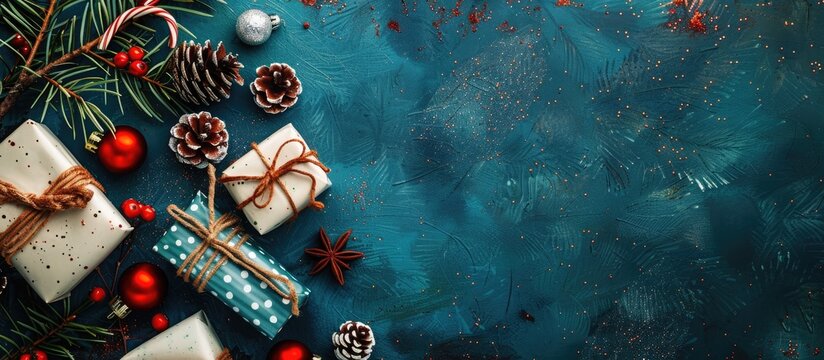 Christmas themed postcard decorated with gifts cones and balls compliments the festive spirit and leaves a charming copy space image