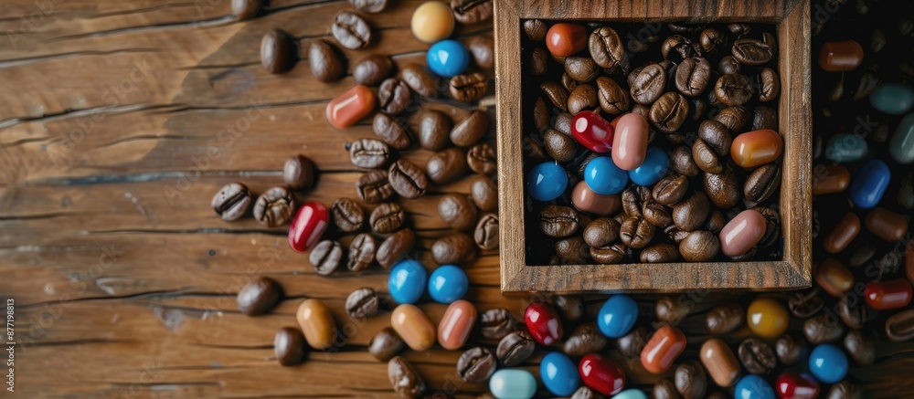 Poster wooden box holds coffee beans and colorful capsules on a table offering a copy space image from abov