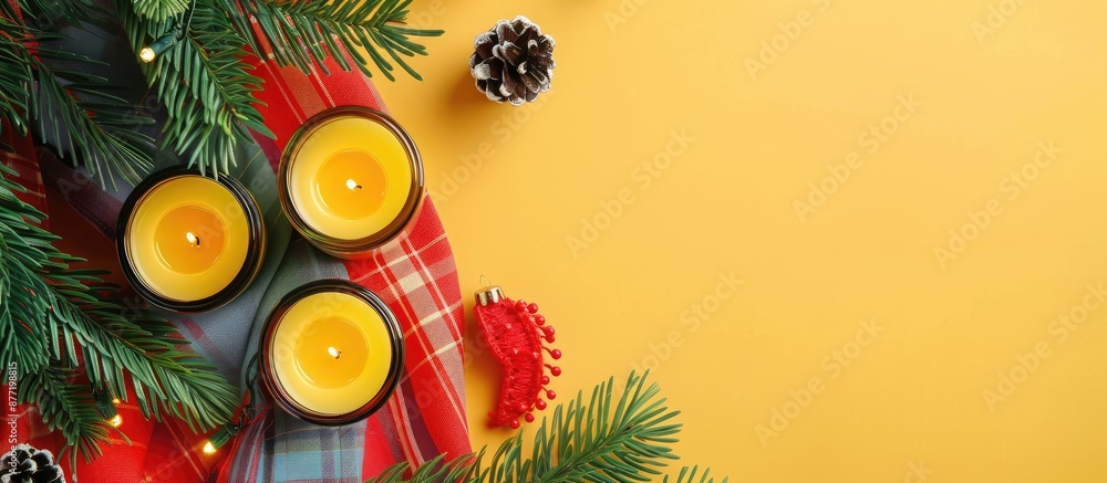 Poster flatlay with festive new year s composition including candles christmas wreath and a cozy soft plaid