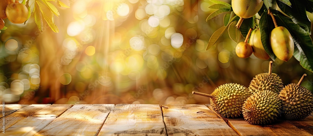 Aufkleber wooden table with a ripe durian set against a blurry backdrop creates a perfect copy space image