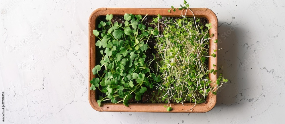 Aufkleber Top view of microgreens and sprouts in a box on a white background with copy space image