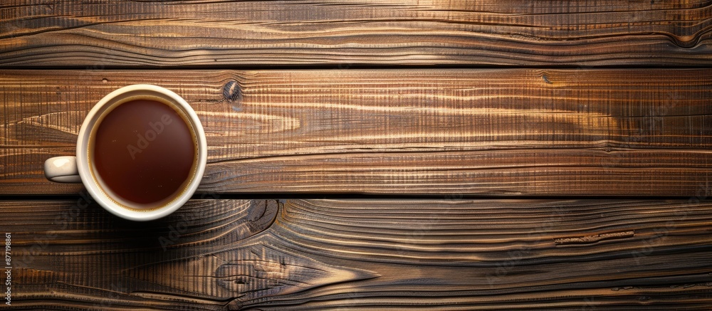 Poster wooden background with a coffee cup add text or graphics to the copy space image