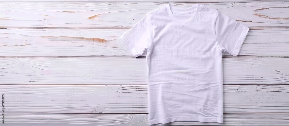 Poster top view of a stylish t shirt displayed on a white wooden surface with copy space image
