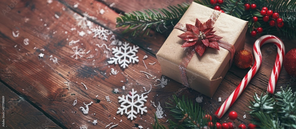 Poster festive christmas composition on a wooden table with a gift box candy cane snowflake and fir tree br