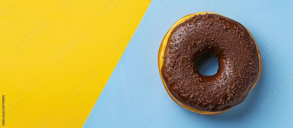 Poster copy space image featuring a chocolate donut placed on a blue and yellow background