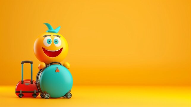 A cute emoji cartoon character with a tiny suitcase, ready for an adventure and saying goodbye on a yellow solid background