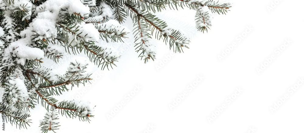 Poster snow covered pine tree branches against a white backdrop with ample copy space image