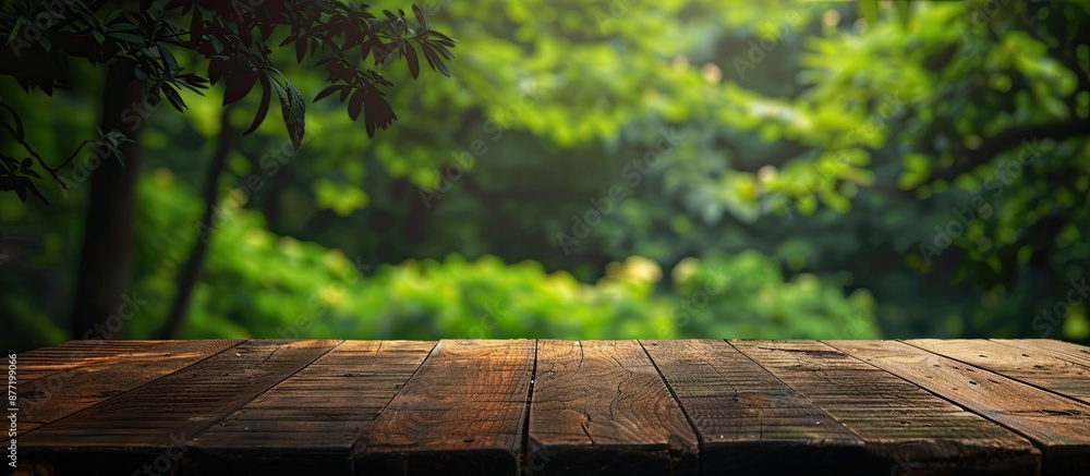 Poster Wooden table with no objects on it set against a blurred green nature backdrop creating a serene copy space image