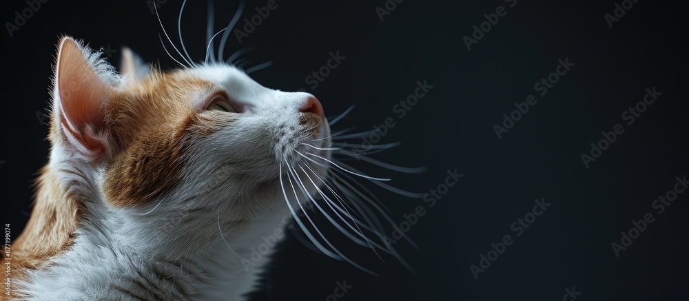 Poster White brown cat in close up portrait against dark background side view with copy space image