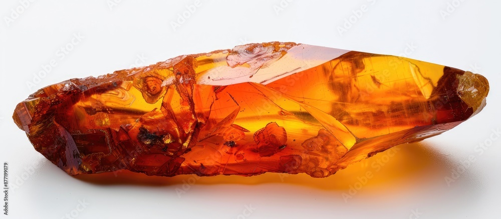 Aufkleber Elongated untreated amber with a crust displaying natural red brown hues on a white background creating a distinct copy space image