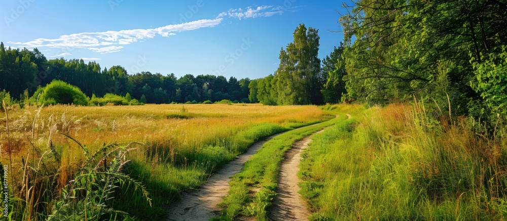 Poster A serene path meandering through lush fields and dense forests under a clear blue sky offering ample copy space in a scenic countryside setting