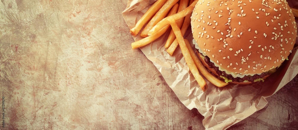 Poster classic fast food duo of a juicy hamburger with crispy fries in a nostalgic setting with a vintage c