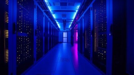 Rows of server racks in a technology center, illuminated in a dark room with blue LED lights