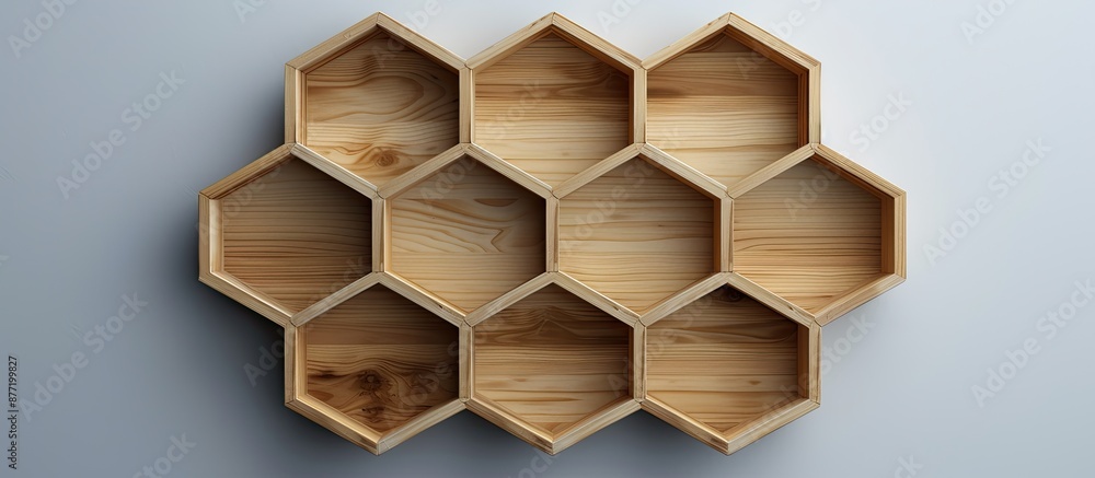 Aufkleber hexagonal wooden shelf ideal for mock ups with japanese aesthetics on a blank background for customi