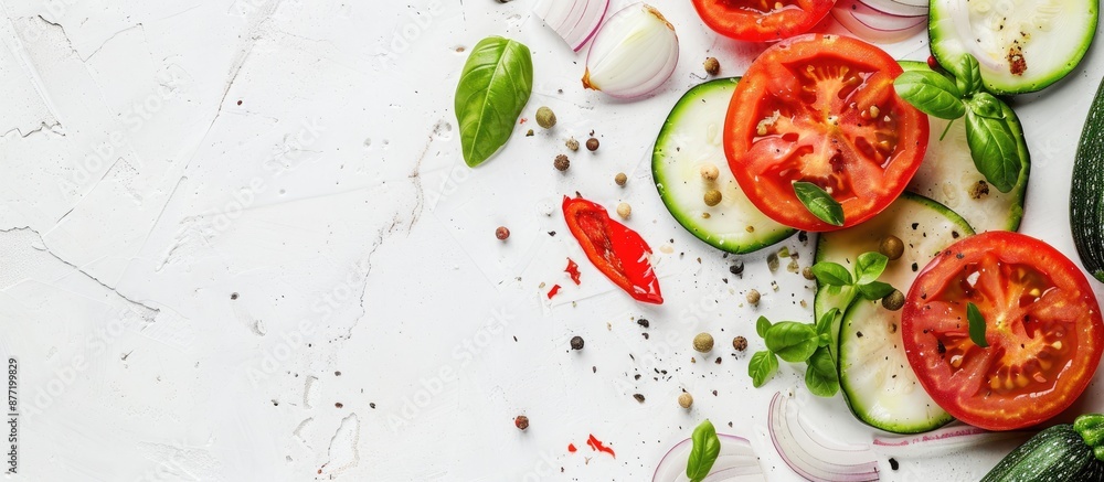 Poster Cooked zucchini with tomato and onion on white background with copy space image
