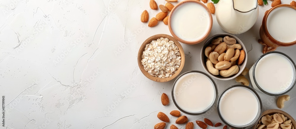 Aufkleber Assorted vegan almond and cashew milk displayed on a table with a top view featuring a copy space image