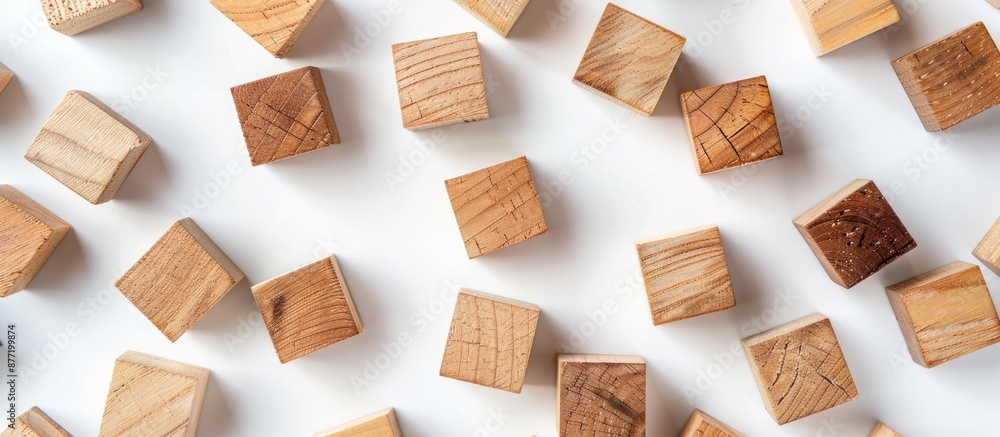 Poster natural wooden cubes on a white backdrop with copy space image