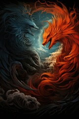 Fire Phoenix and Ice Dragon in the Yin and Yang in the dark dark background and , generative IA