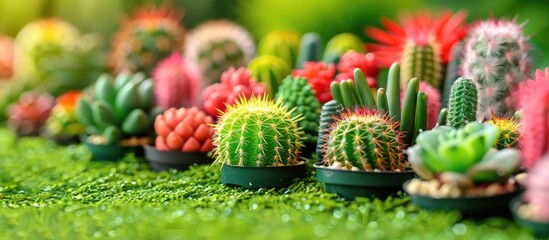 A variety of colorful miniature cactus plants in plastic pots arranged with selective focus atop a green artificial grass covered table with a text area at the top and copy space image