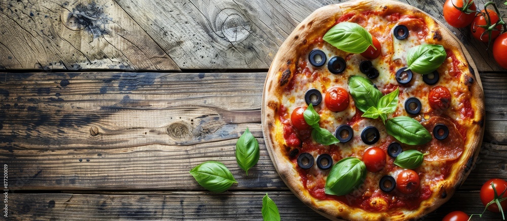 Poster italian pizza with traditional flavors and toppings great for pizza lovers on a rustic wooden table 