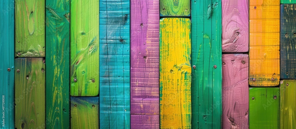 Poster a vibrant green background with a variety of colorful wooden elements perfect as a backdrop for your