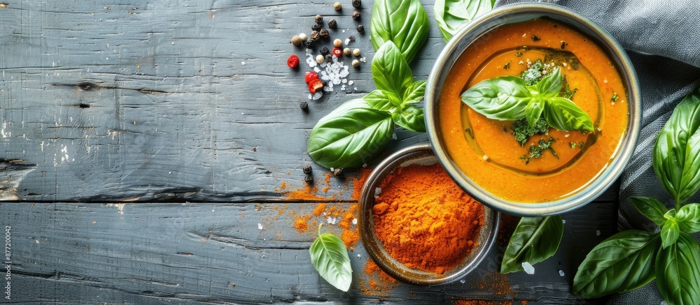 Leinwandbilder flat lay of delectable curry sauce powder and basil leaves on a rustic grey wooden table with room f