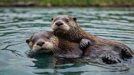 otter couple, partners floating in the water together 