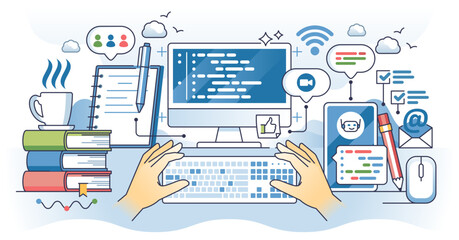 Coding help and online advices reading for programming outline hands concept, transparent background. Smart AI support, websites with newbie forums and mentor advices.