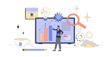 Data visualization with graphs and diagrams tiny person neubrutalism concept, transparent background. Information representation with visual charts for easy analytics and research illustration.