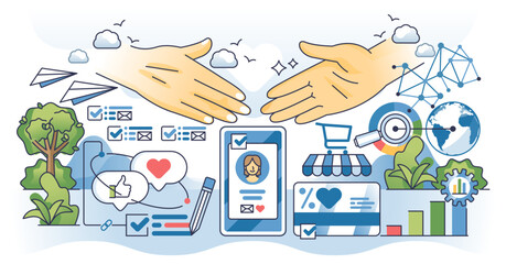 Customer engagement strategies for business growth outline hands concept, transparent background. E-commerce business recognition marketing campaign for client loyalty boost illustration.