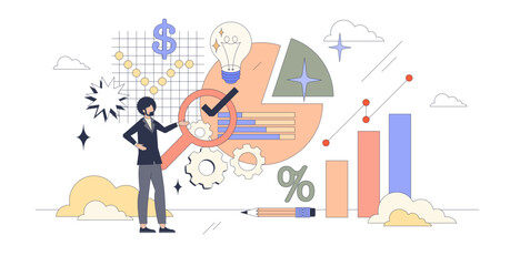 Digital marketing analytics and web tools tiny person neubrutalism concept, transparent background. Website traffic after advertisement campaign for financial efficiency control illustration.