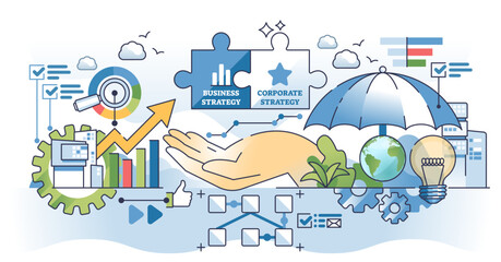 Business strategy vs corporate strategy planning outline hands concept, transparent background. Company short and long term vision plan to achieve target objectives.