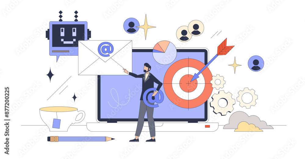 Aufkleber automated email marketing solution tools tiny person neubrutalism concept, transparent background. e