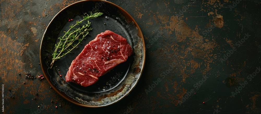 Leinwandbilder top view of a fresh raw denver or top blade steak served on a rustic plate with thyme against a dark