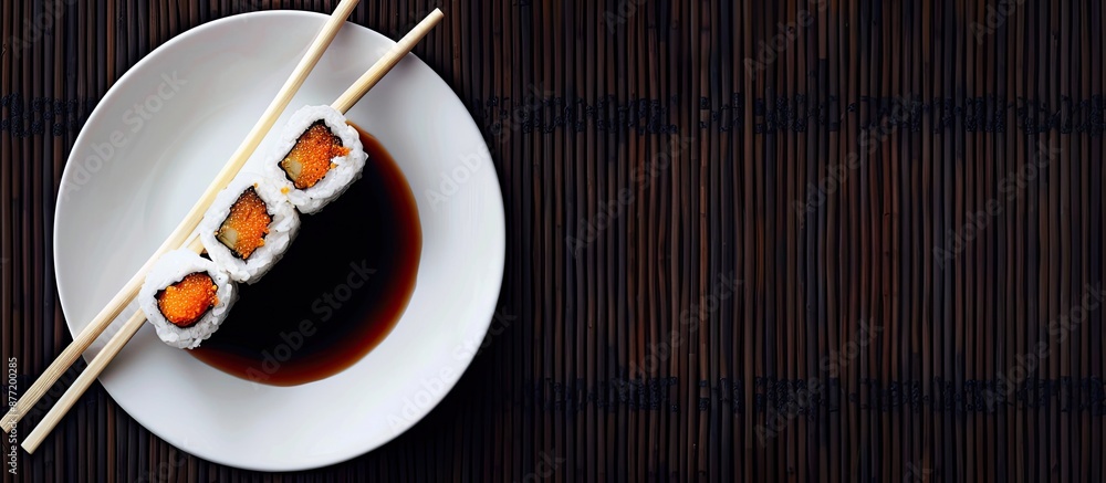 Aufkleber top view of a round white plate with sushi chopsticks ginger and soy sauce on a dark bamboo mat back