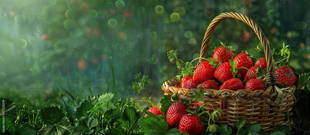 Leinwandbilder an image showing ripe strawberries placed in a basket on a lush green surface against a natural back