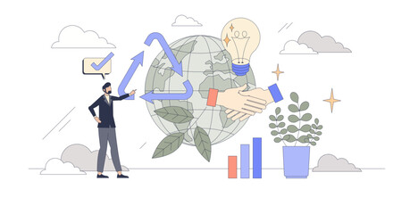 Sustainable business marketing strategies tiny person neubrutalism concept, transparent background. Environmental and nature friendly advertisement practices for customer engagement illustration.