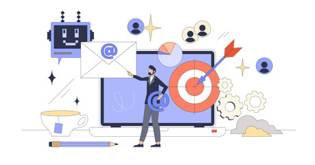 Automated email marketing solution tools tiny person neubrutalism concept, transparent background. Effective and targeted mail sending automation to reach customers.