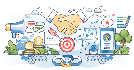 Referral marketing as effective advertisement method outline hands concept, transparent background.Customer engagement by social media influencers and ads illustration.