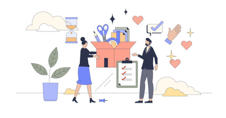 Volunteering campaign and stationary support tiny person neubrutalism concept, transparent background. School materials and study supplies donation from charity organization illustration.