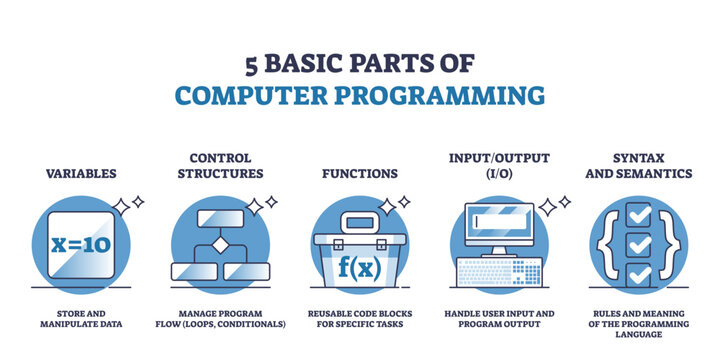 5 basic parts of computer programming and script coding outline diagram, transparent background. Labeled educational scheme with variables, control structures, functions, input.