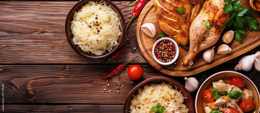 Leinwandbilder wooden table with sauerkraut chicken and items arranged flatly suitable for text in the copy space i