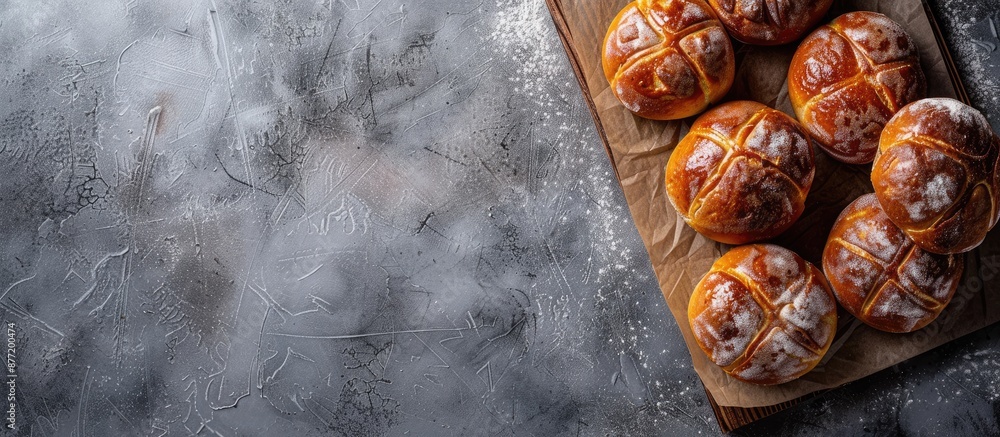 Aufkleber gray textured table showcasing delicious hot cross buns offering a copy space image for text