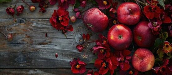 Aesthetic card with vibrant red garden apples mountain ash and burgundy pansies on an aged wooden backdrop for a copy space image